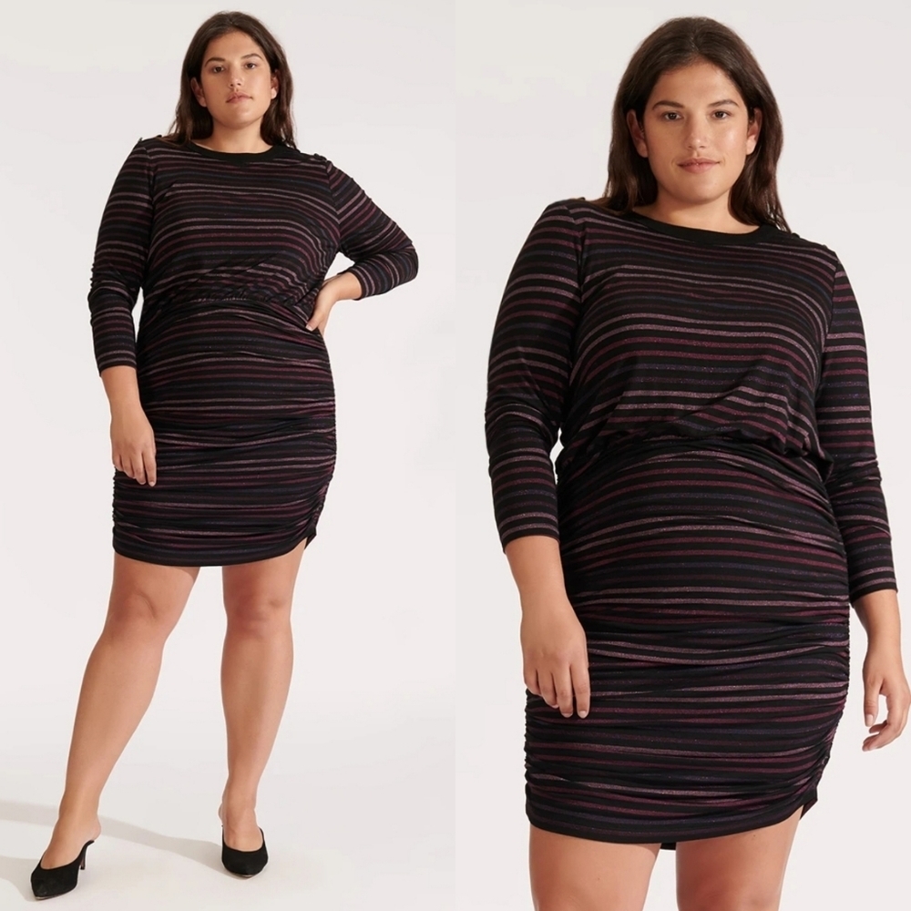 Veronica Beard Black and Pink Striped Long Sleeve Dress